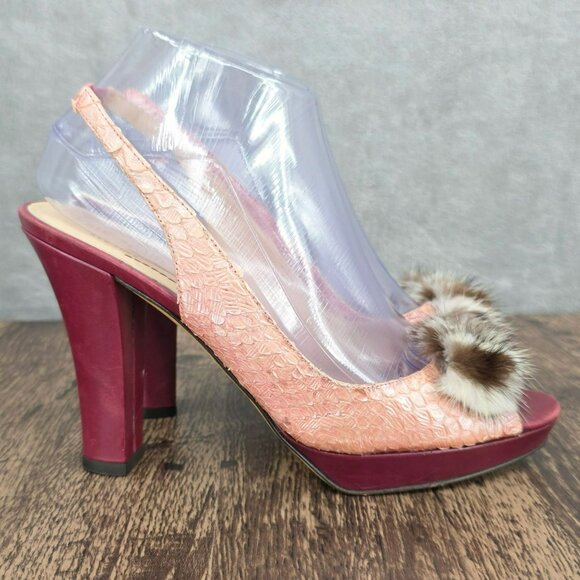 Kate Spade New York Slingback Peep Toe Heels 8.5 B Pink Red Leather Fur Scaled - Picture 6 of 16